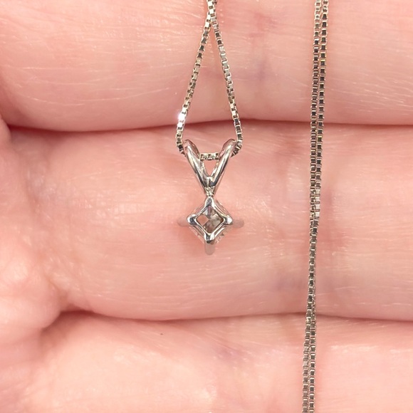 Vintage 14K White Gold Diamond Solitaire Necklace: Princess Cut Dainty Pendant - Picture 8 of 11